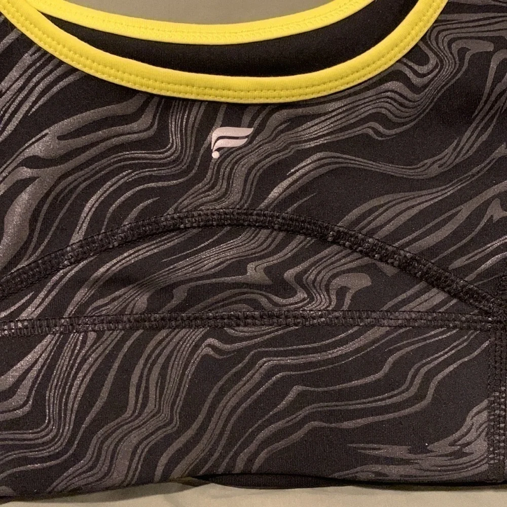 Fabletics Womens Sports Bra. Gray&Black with Bright Yellow Trim/Reverse Black.